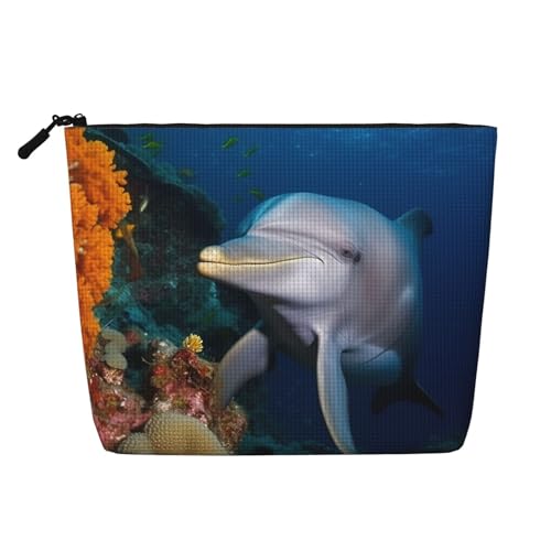 BSCKKDMN Make-up-Tasche für Damen, Motiv: Delfin auf Koralle, wasserdicht, Leinen, Reise-Kosmetiktasche, leichter Reißverschluss, Reise-Kulturbeutel, Organizer, Make-up-Pinsel, Aufbewahrungstasche von BSCKKDMN