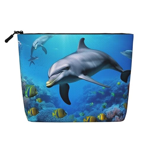 BSCKKDMN Make-up-Tasche für Damen, Motiv: Delfin im Korallenriff, wasserdicht, Leinen, Reise-Kosmetiktasche, leichter Reißverschluss, Reise-Kulturbeutel, Organizer, Make-up-Pinsel, Aufbewahrungstasche von BSCKKDMN