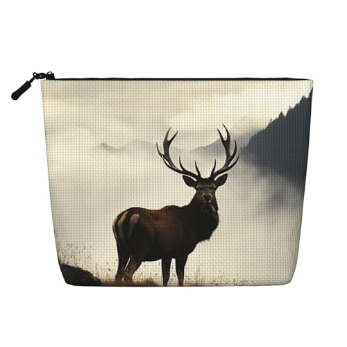 BSCKKDMN Make-up-Tasche für Damen, Motiv: Hirsch auf dem nebligen Berg, wasserdicht, Leinen, Reise-Kosmetiktasche, leichter Reißverschluss, Reise-Kulturbeutel, Organizer, Make-up-Pinsel von BSCKKDMN