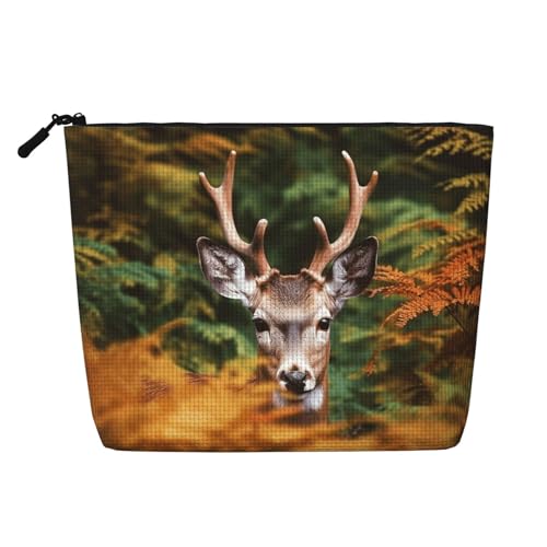 BSCKKDMN Make-up-Tasche für Damen, Motiv: Hirsch mit dicken Blättern, wasserdicht, Leinen, Reise-Kosmetiktasche, leichter Reißverschluss, Reise-Kulturbeutel, Organizer, Make-up-Pinsel von BSCKKDMN