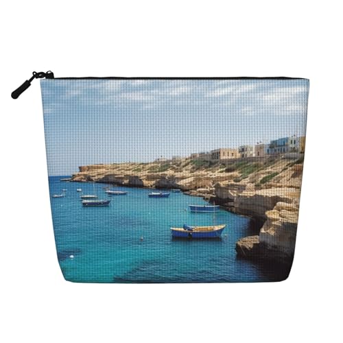 BSCKKDMN Make-up-Tasche für Damen, Motiv: Küste von Malta, wasserdicht, Leinen, Reise-Kosmetiktasche, leichter Reißverschluss, Reise-Kulturbeutel, Organizer, Make-up-Pinsel, Aufbewahrungstasche von BSCKKDMN