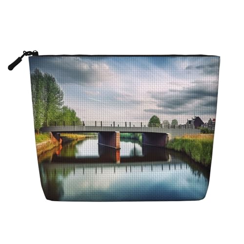 BSCKKDMN Make-up-Tasche für Damen, Motiv: Niederlande Landschaft, Brücke, wasserdicht, Leinen, Reise-Kosmetiktasche, leichter Reißverschluss, Reise-Kulturbeutel, Organizer, Make-up-Pinsel von BSCKKDMN