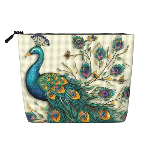BSCKKDMN Make-up-Tasche mit Pfauenmuster, wasserdicht, Leinen, Reise-Kosmetiktasche, leichter Reißverschluss, Reise-Kulturbeutel, Organizer, Make-up-Pinsel, Aufbewahrungstasche von BSCKKDMN