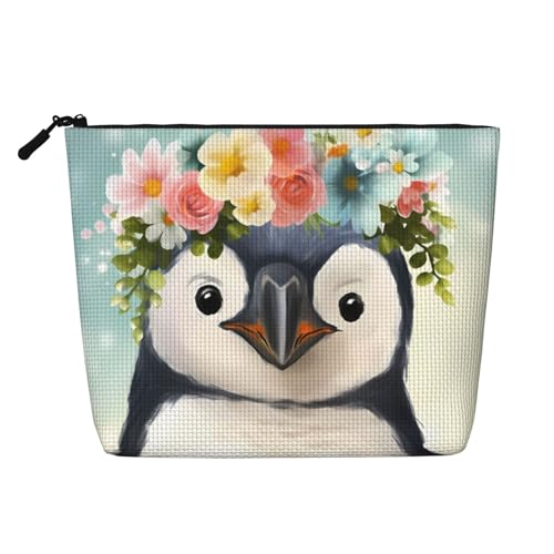 BSCKKDMN Make-up-Tasche mit Pinguin mit Blumen, wasserdicht, Leinen, Reise-Kosmetiktasche, leichter Reißverschluss, Reise-Kulturbeutel, Organizer, Make-up-Pinsel, Aufbewahrungstasche von BSCKKDMN