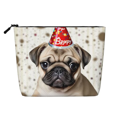 BSCKKDMN Make-up-Tasche mit niedlichem Mops-Motiv, für Damen, wasserdicht, Leinen, Reise-Kosmetiktasche, leicht, Reißverschluss, Reise-Kulturbeutel, Organizer, Make-up-Pinsel, Aufbewahrungstasche von BSCKKDMN