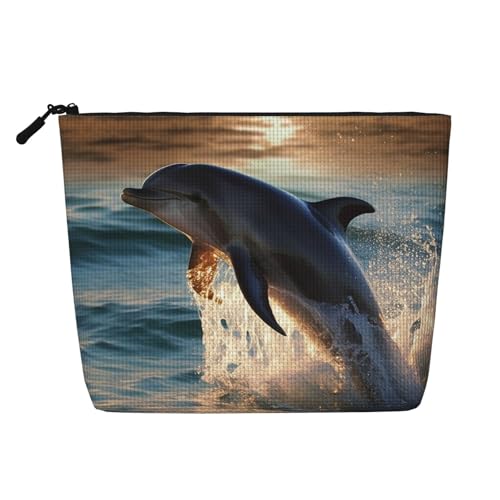 BSCKKDMN Schöne Delfin-Make-up-Tasche für Damen, wasserdicht, Leinen, Reise-Kosmetiktasche, leichter Reißverschluss, Reise-Kulturbeutel, Organizer, Make-up-Pinsel, Aufbewahrungstasche von BSCKKDMN
