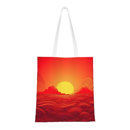 BSCKKDMN Tiger liegend auf Holz Tragetasche für Damen, Segeltuch-Schultertaschen mit Taschen, Einkaufstasche, niedliche, wiederverwendbare Einkaufstasche, Roter Sonnenaufgang, Einheitsgröße von BSCKKDMN