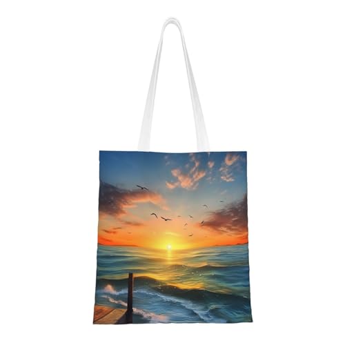 BSCKKDMN Tiger liegend auf Holz Tragetasche für Damen, Segeltuch-Schultertaschen mit Taschen, Einkaufstasche, niedliche, wiederverwendbare Einkaufstasche, Sunset Sea, Einheitsgröße von BSCKKDMN
