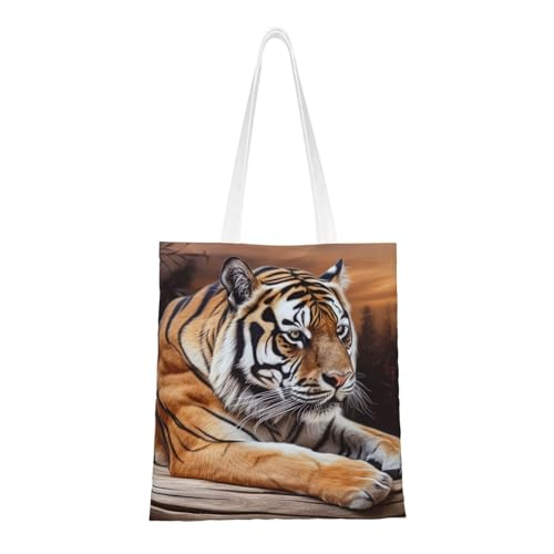 BSCKKDMN Tiger liegend auf Holz Tragetasche für Damen, Segeltuch-Schultertaschen mit Taschen, Einkaufstasche, niedliche, wiederverwendbare Einkaufstasche, Tiger liegend auf Holz, Einheitsgröße von BSCKKDMN
