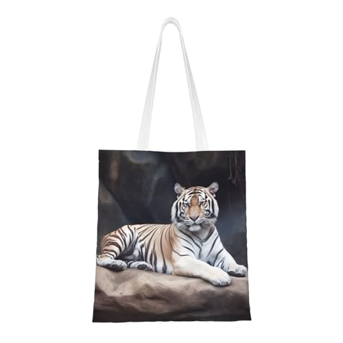 BSCKKDMN Tiger liegend auf Holz Tragetasche für Damen, Segeltuch-Schultertaschen mit Taschen, Einkaufstasche, niedliche, wiederverwendbare Einkaufstasche, Tiger sitzend auf Felsen, Einheitsgröße von BSCKKDMN