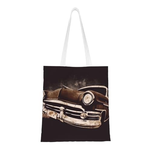 BSCKKDMN Tragetasche für Damen, Leinen-Schultertaschen mit Taschen, Einkaufstasche, niedlich, wiederverwendbar, Schwarz / Weiß, Amerikanisches Auto in Braun, Einheitsgröße von BSCKKDMN