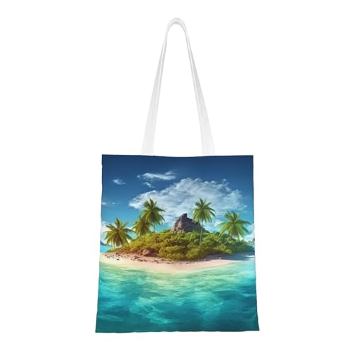 BSCKKDMN Tragetasche für Damen, Leinen-Schultertaschen mit Taschen, Einkaufstasche, niedlich, wiederverwendbar, Schwarz / Weiß, Tropische Insel, Einheitsgröße von BSCKKDMN