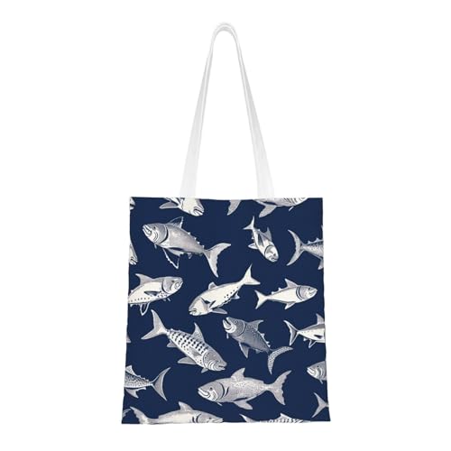 BSCKKDMN Tragetasche für Damen, Leinen-Schultertaschen mit Taschen, Einkaufstasche, niedlich, wiederverwendbar, Schwarz / Weiß, Verschiedene Seefisch-Muster, Einheitsgröße von BSCKKDMN