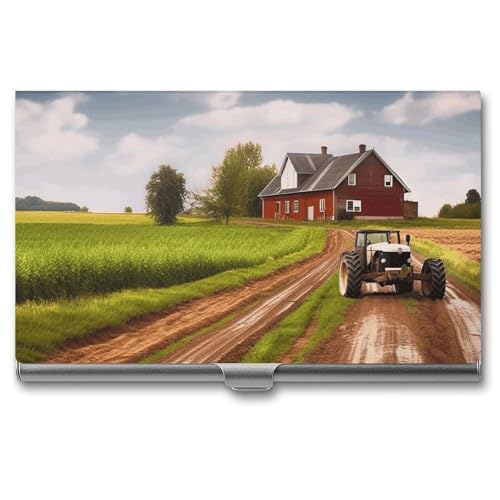 BSCKKDMN Visitenkartenetui Slim Portable Metall Visitenkartenetui Landstraße mit Bauernhof und Traktor Tasche Namenskartenhalter Brieftasche für Männer Frauen Büro Reisen von BSCKKDMN