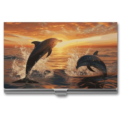 BSCKKDMN Visitenkartenhalter, schlank, tragbar, Metall, Visitenkartenetui, Delfine, die bei Sonnenuntergang aus dem Wasser springen, Taschen-Namenskartenhalter, Geldbörse für Männer und Frauen, Büro von BSCKKDMN