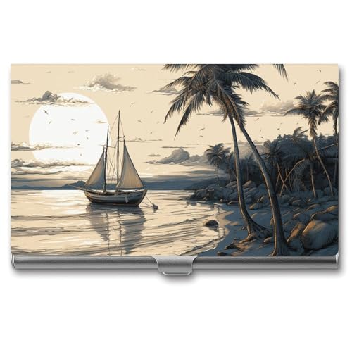 BSCKKDMN Visitenkartenhalter, schlank, tragbar, Metall, Visitenkartenetui, Palmen, Fischerboot, Tasche, Namenskartenhalter, Geldbörse für Männer und Frauen, Büro, Reisen von BSCKKDMN