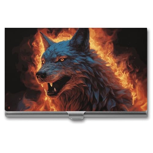 BSCKKDMN Visitenkartenhalter, schlank, tragbar, Metall, Visitenkartenetui, Wolf, umgeben von Feuer, Namenskartenhalter, Brieftasche für Männer und Frauen, Büro, Reisen von BSCKKDMN