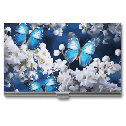 BSCKKDMN Visitenkartenhalter, schlank, tragbar, Metall, Visitenkartenetui, blaue Schmetterlinge, weiße Blumen, Tasche, Namenskartenhalter, Brieftasche für Männer und Frauen, Büro, Reisen von BSCKKDMN