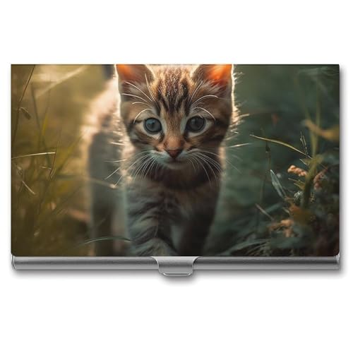 BSCKKDMN Visitenkartenhalter, schmal, tragbar, Metall, Visitenkartenetui, Kätzchen, Spaziergang auf dem Gras, Tasche, Namenskartenhalter, Geldbörse für Männer und Frauen, Büro, Reisen von BSCKKDMN