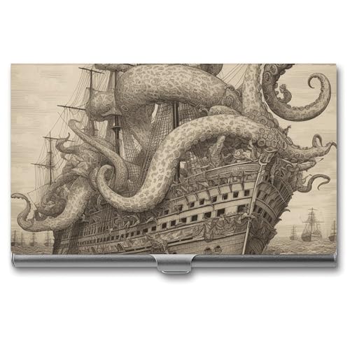 BSCKKDMN Visitenkartenhalter Slim Portable Metall Visitenkartenetui Segeln Pirat Octopus Pocket Namenskartenhalter Brieftasche für Männer Frauen Büro Reisen von BSCKKDMN