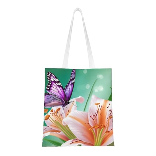 BSCKKDMN Waschbär-Statuen-Tragetasche für Damen, Segeltuch-Schultertasche mit Taschen, Einkaufstasche, niedliche, wiederverwendbare Einkaufstasche, Lilien und Schmetterling, Einheitsgröße von BSCKKDMN
