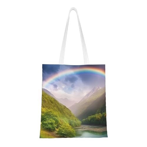 BSCKKDMN Waschbär-Statuen-Tragetasche für Damen, Segeltuch-Schultertasche mit Taschen, Einkaufstasche, niedliche, wiederverwendbare Einkaufstasche, Mountain Valley mit Regenbogen, Einheitsgröße von BSCKKDMN