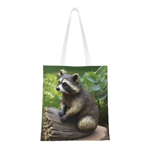 BSCKKDMN Waschbär-Statuen-Tragetasche für Damen, Segeltuch-Schultertasche mit Taschen, Einkaufstasche, niedliche, wiederverwendbare Einkaufstasche, Waschbär-Statue, Einheitsgröße von BSCKKDMN