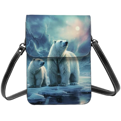 Polar Bears Northern Lights Kleine Umhängetasche für Damen, Handy-Geldbörse, PU-Leder, Geldbörse mit Schultergurt von BSCKKDMN