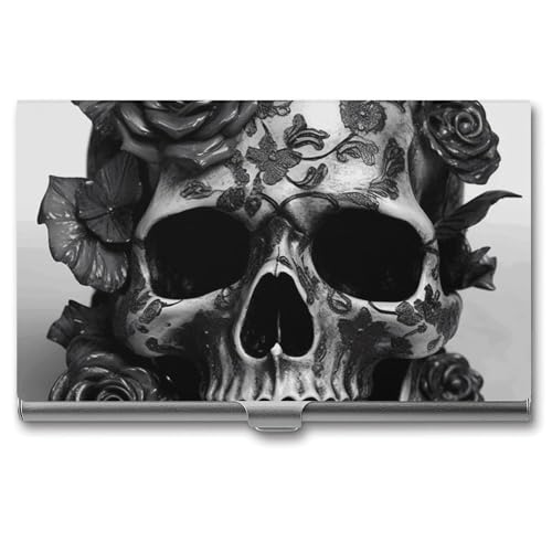 Visitenkartenhalter, schlank, tragbar, Metall, Visitenkartenetui, schwarzer Totenkopf, Rose, Tasche, Namenskartenhalter, Geldbörse für Männer und Frauen, Büro, Reisen von BSCKKDMN
