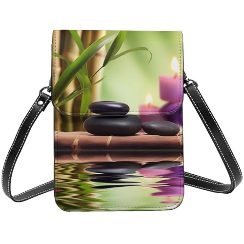 Zen Stones And Bamboo Kleine Umhängetasche für Damen, Handy-Geldbörse, PU-Leder, Geldbörse mit Schultergurt von BSCKKDMN