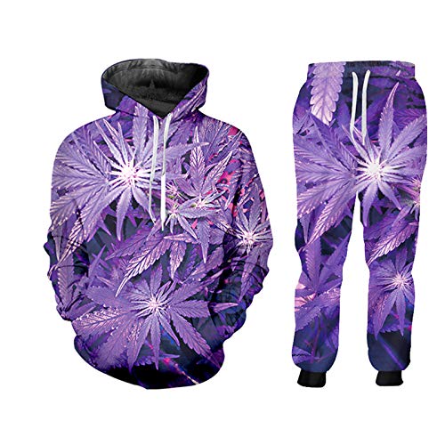 BSDASH Herren Damen Lila Weed 3D Druck Mode Trainingsanzüge Rundhalsausschnitt Hip Hop Sweatshirt Hose 2 Stück Set Hoodies Paar Kleidung HSPA00213 XXL von BSDASH