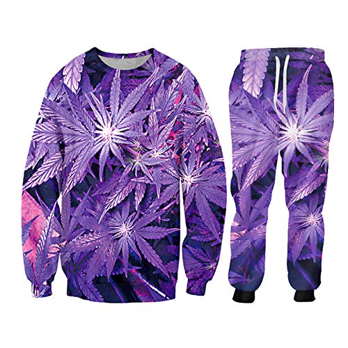 BSDASH Herren Damen Lila Weed 3D Druck Mode Trainingsanzüge Rundhalsausschnitt Hip Hop Sweatshirt Hose 2 Stück Set Hoodies Paar Kleidung SWPA00213 XL von BSDASH