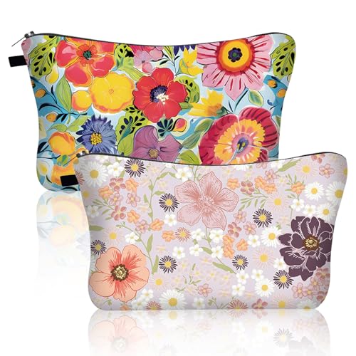 BSITSSS 2 Stück Kosmetiktasche Klein, Pastell Blumen Make up Tasche, Schminktasche Kulturtasche Damen für Frauen Teenager Mädchen Mütter Beste Freundinnen und Brautjungfern von BSITSSS