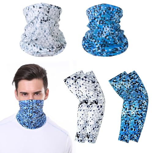 BSITSSS 2 Stück Multifunktionstuch und 2 Paare Arm Sleeve, Sommer Schlauchschal mit Armstulpe, Blau und Weiß Kariert Sonnenschutz Bandana Maske Halstuch Armlinge für Herren Radsport Golf Radfahren von BSITSSS