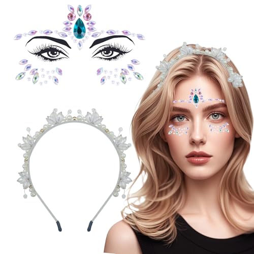 BSITSSS Kristallblumen-Haarreif Haarreif mit Strasssteine Selbstklebend, Haarreifen Diamanten, Haarreifen Damen Perlen, Haareif für Fasching Karneval Halloween Musikfestival Party von BSITSSS
