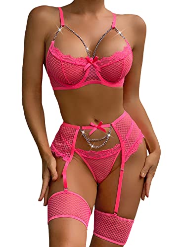 BSJYIFAN Strumpfband-Dessous für Frauen, sexy Spitzen-Dessous, Fischnetz, passendes 4-teiliges Dessous-Set, Knallpink (Hot Pink), Large von BSJYIFAN