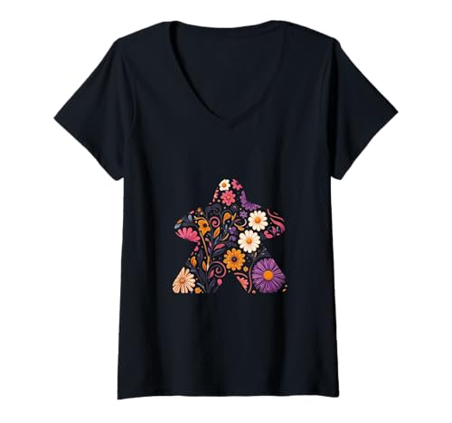 Damen Brettspiel Meeple Figur mit Blumenmuster T-Shirt mit V-Ausschnitt Damen Brettspiel Meeple Figur mit Blumenmuster T-Shirt mit V-Ausschnitt von BSKG