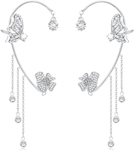 BSLVWG 2 Stück Schmetterling Ohrringe, Silber Ohr Manschette Kein Piercing, Clip Wrap Mit Blumen Quaste für Frauen Mädchen von BSLVWG