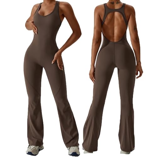 BSLVWG Ärmellos All In One Jumpsui Frauen Workout Flare Overalls Sexy Open U Back Square Neck Unitard Bodycon Scrunch Butt Yoga Bodycon Stretch Hip Lift Sportbekleidung (Braun, S) von BSLVWG