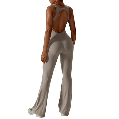 BSLVWG Ärmellos All In One Jumpsui Frauen Workout Flare Overalls Sexy Open U Back Square Neck Unitard Bodycon Scrunch Butt Yoga Bodycon Stretch Hip Lift Sportbekleidung (Grau, L) von BSLVWG