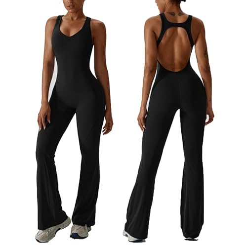 BSLVWG Ärmellos All In One Jumpsui Frauen Workout Flare Overalls Sexy Open U Back Square Neck Unitard Bodycon Scrunch Butt Yoga Bodycon Stretch Hip Lift Sportbekleidung (Schwarz, S) von BSLVWG