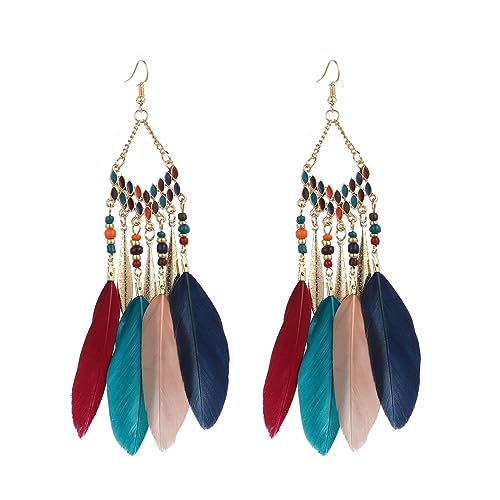 BSLVWG Böhmische Feder Ohrringe für Frauen, Faux Feder Ohrringe Böhmische Fransen Ohrringe Quaste Handmade Long Drop Dangle Earrings Ethnic Long Feather Fringe Earrings für Frauen und Mädchen (Bunt) von BSLVWG