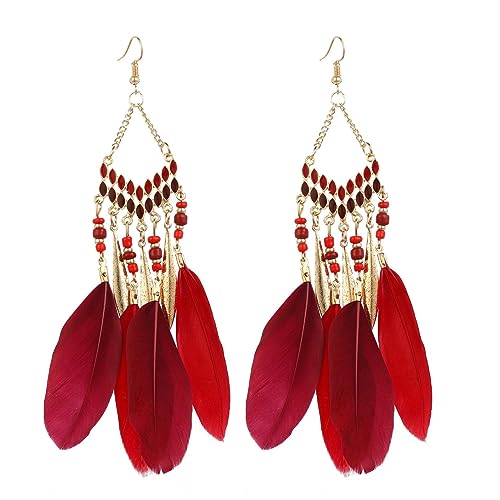 BSLVWG Böhmische Feder Ohrringe für Frauen, Faux Feder Ohrringe Böhmische Fransen Ohrringe Quaste Handmade Long Drop Dangle Earrings Ethnic Long Feather Fringe Earrings für Frauen und Mädchen (Rot) von BSLVWG