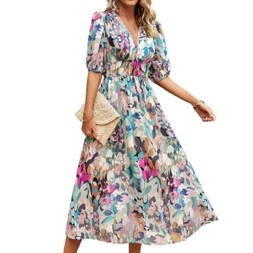BSLVWG Bohemian Maxi Kleid Damen V-Ausschnitt Blumendruck Hohe Taille Boho Sommer Strand Flowy Swing Urlaub Lange Midi Kleider (DE/NL/SE/PL, Alphanumerisch, M, Regular, Regular, Bunt) von BSLVWG