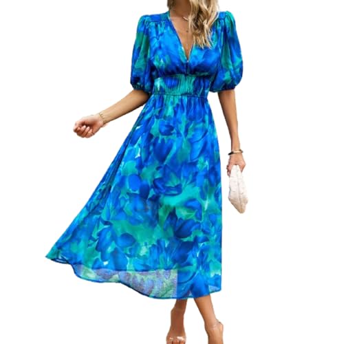 BSLVWG Bohemian Maxi Kleid Damen V-Ausschnitt Blumendruck Hohe Taille Boho Sommer Strand Flowy Swing Urlaub Lange Midi Kleider (DE/NL/SE/PL, Alphanumerisch, S, Regular, Regular, Blau) von BSLVWG