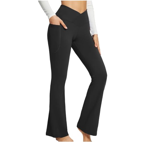 BSLVWG Bootcut Yoga Hose mit Taschen für Frauen Sporthose Hohe Taille Crossover Workout Bootleg Bauchkontrolle Arbeitshose (DE/NL/SE/PL, Bundweite, L, Große Größen, Regular, Schwarz) von BSLVWG