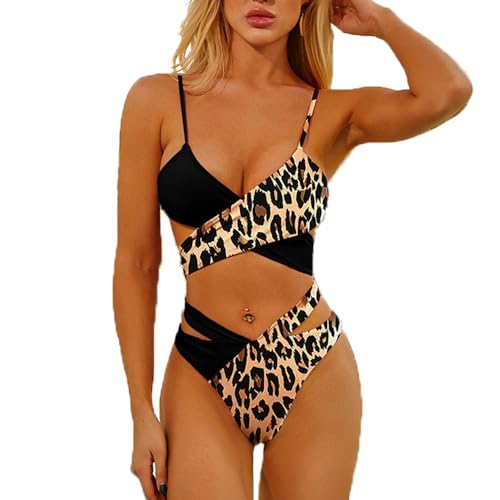 BSLVWG Damen Cross Top High Waisted Bottom Bikini Set V-Ausschnitt Gepolstert Zwei Stücke Badeanzüge Badeanzüge Bademode (DE/NL/SE/PL, Alphanumerisch, S, Regular, Regular, Leopard) von BSLVWG