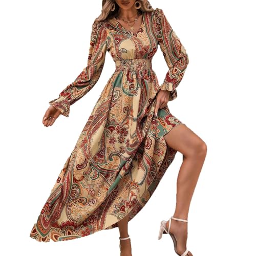 BSLVWG Damen Floral Print V-Ausschnitt A-Linie Maxikleid Lange Ärmel Langes Kleid Casual Wrap Elastische Herbst Swing Kleid (DE/NL/SE/PL, Alphanumerisch, L, Regular, Regular, Braun) von BSLVWG