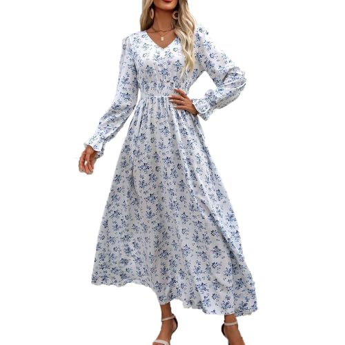 BSLVWG Damen Floral Print V-Ausschnitt A-Linie Maxikleid Lange Ärmel Langes Kleid Casual Wrap Elastische Herbst Swing Kleid (DE/NL/SE/PL, Alphanumerisch, L, Regular, Regular, Weiß) von BSLVWG