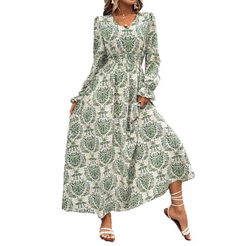 BSLVWG Damen Floral Print V-Ausschnitt A-Linie Maxikleid Lange Ärmel Langes Kleid Casual Wrap Elastische Herbst Swing Kleid (DE/NL/SE/PL, Alphanumerisch, S, Regular, Regular, Grün) von BSLVWG